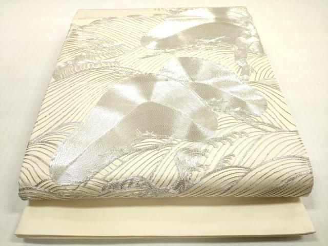 平和屋着物◎西陣　太鼓柄袋帯　総刺繍　駒刺繍　立波梅文　銀糸　正絹　逸品　DABG1441xg