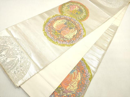 平和屋着物◎六通柄袋帯　唐織　向かい鳥花丸文　銀糸　正絹　逸品　DABG1448xg