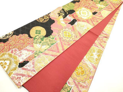 平和屋着物◎全通柄袋帯　唐織　衣かさね　正倉院花蝶文　黒地　金銀糸　正絹　逸品　DABG1490xg