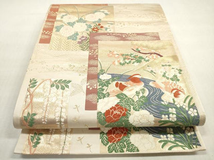平和屋着物◎六通柄袋帯　唐織　色紙重ね　流水花鳥文　金糸　正絹　逸品　未使用　DABG1493xg