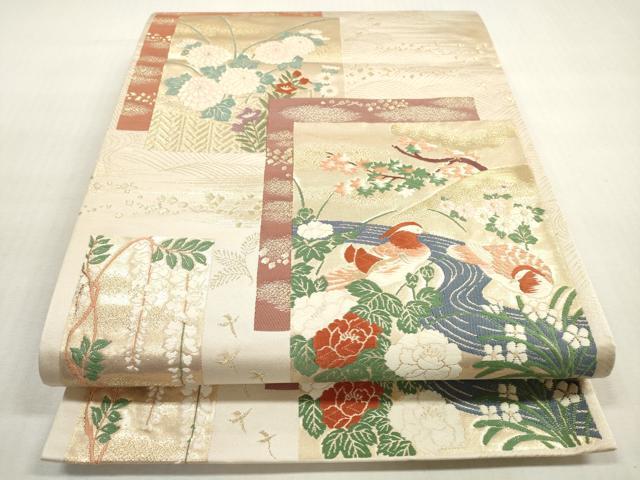 平和屋着物◎六通柄袋帯　唐織　色紙重ね　流水花鳥文　金糸　正絹　逸品　未使用　DABG1493xg