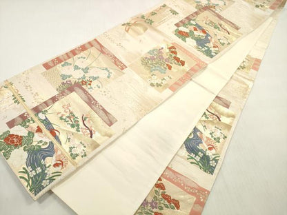 平和屋着物◎六通柄袋帯　唐織　色紙重ね　流水花鳥文　金糸　正絹　逸品　未使用　DABG1493xg