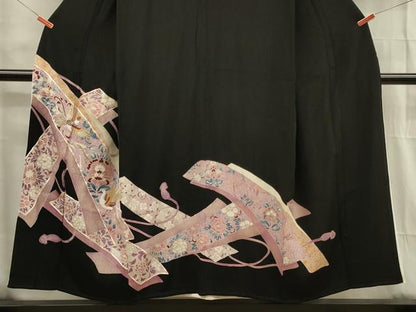平和屋着物■豪華黒留袖　駒刺繍　檜垣花鳥文　金糸　正絹　逸品　DABG1536ya