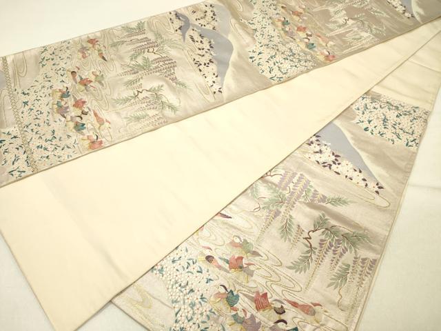 平和屋着物◎六通柄袋帯 唐織 鴛鴦花文 枝垂れ藤 都の四季 金糸 正絹 逸品 DABG1553ya