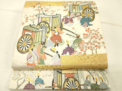 平和屋着物◎六通柄袋帯 唐織 御所車人物風景花文 千代之原 金銀糸 正絹 逸品 DABG1556ya