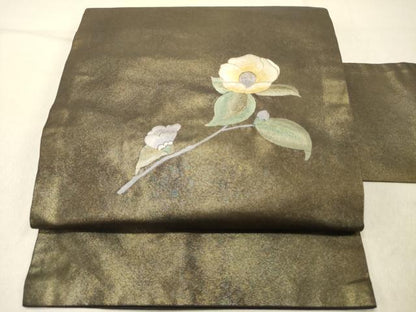 平和屋着物◎九寸名古屋帯 総刺繍 草花文 金糸 引箔 正絹 逸品 DABG1577ya