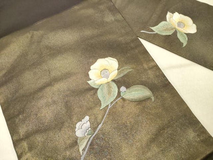 平和屋着物◎九寸名古屋帯 総刺繍 草花文 金糸 引箔 正絹 逸品 DABG1577ya