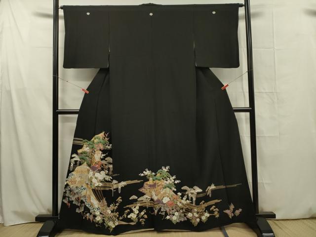 平和屋着物■豪華黒留袖　駒刺繍　御所車花松文　枝梅　金彩　正絹　逸品　DABG1693ya