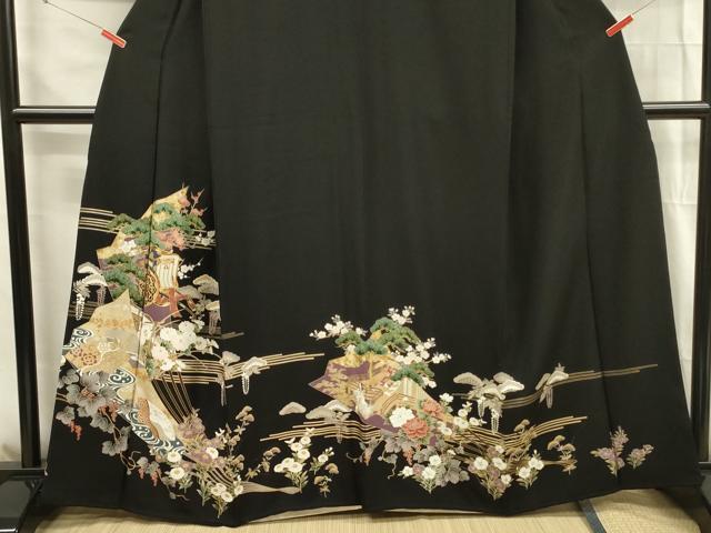 平和屋着物■豪華黒留袖　駒刺繍　御所車花松文　枝梅　金彩　正絹　逸品　DABG1693ya