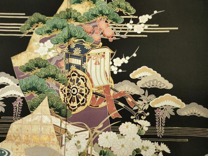 平和屋着物■豪華黒留袖　駒刺繍　御所車花松文　枝梅　金彩　正絹　逸品　DABG1693ya