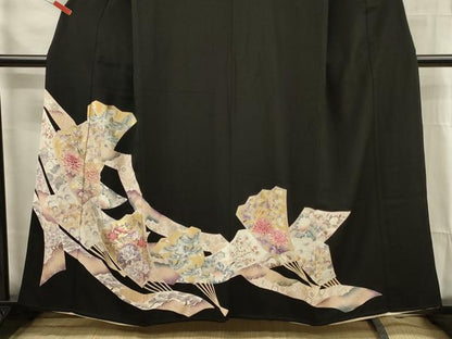 平和屋着物■豪華黒留袖　駒刺繍　扇面花鳥文　金彩　正絹　逸品　DABG1706ya