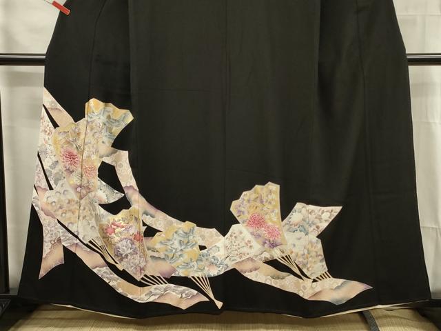 平和屋着物■豪華黒留袖　駒刺繍　扇面花鳥文　金彩　正絹　逸品　DABG1706ya