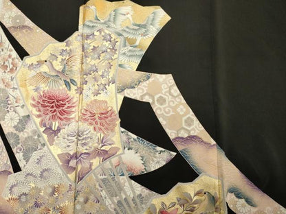 平和屋着物■豪華黒留袖　駒刺繍　扇面花鳥文　金彩　正絹　逸品　DABG1706ya