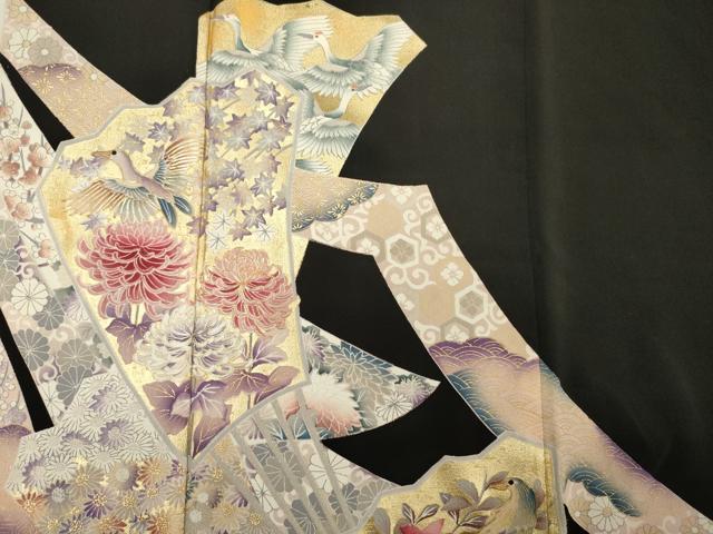 平和屋着物■豪華黒留袖　駒刺繍　扇面花鳥文　金彩　正絹　逸品　DABG1706ya