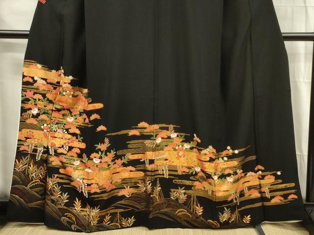 平和屋着物■豪華黒留袖　駒刺繍　霞花松文　金彩　正絹　逸品　DABG1713ya