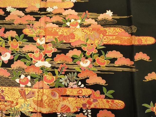 平和屋着物■豪華黒留袖　駒刺繍　霞花松文　金彩　正絹　逸品　DABG1713ya