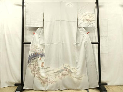平和屋着物■日本画家　水嶋征夫　訪問着　手描き　渡橋人物風景文　暈し染め　正絹　逸品　DABG1734ya