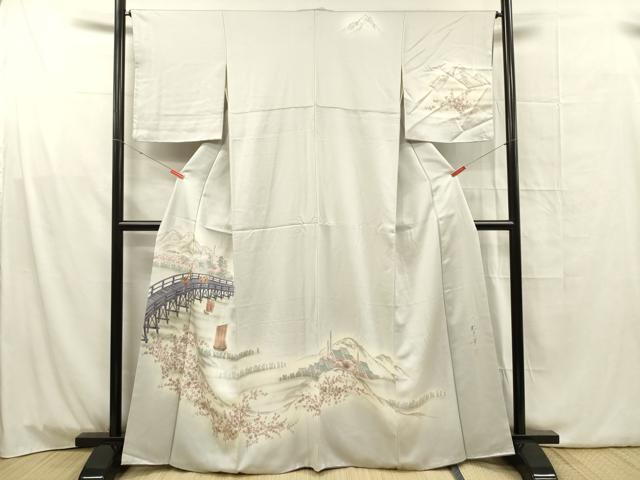 平和屋着物■日本画家　水嶋征夫　訪問着　手描き　渡橋人物風景文　暈し染め　正絹　逸品　DABG1734ya