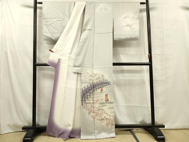 平和屋着物■日本画家　水嶋征夫　訪問着　手描き　渡橋人物風景文　暈し染め　正絹　逸品　DABG1734ya