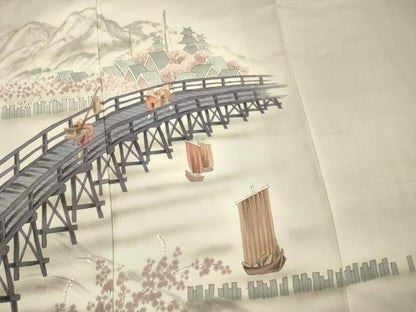 平和屋着物■日本画家　水嶋征夫　訪問着　手描き　渡橋人物風景文　暈し染め　正絹　逸品　DABG1734ya