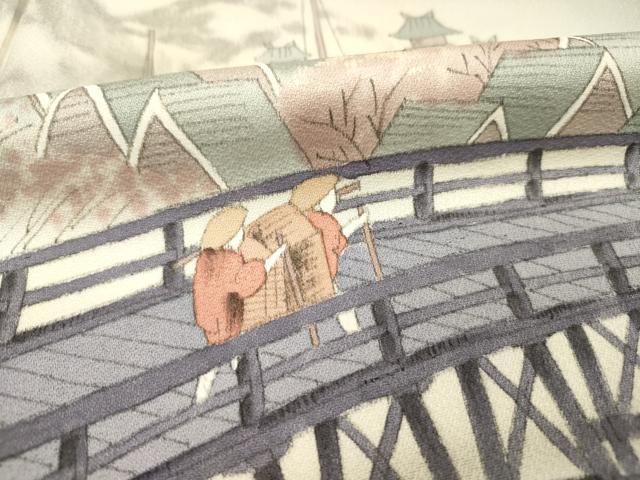 平和屋着物■日本画家　水嶋征夫　訪問着　手描き　渡橋人物風景文　暈し染め　正絹　逸品　DABG1734ya