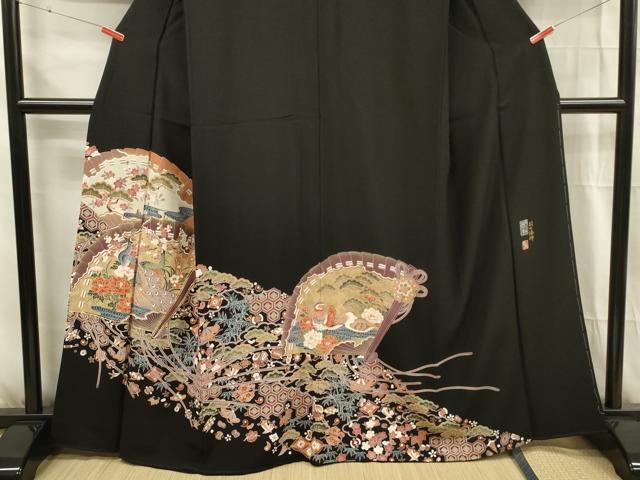 平和屋着物■豪華黒留袖　作家物　駒刺繍　扇面孔雀花文　宝尽くし　金糸　正絹　逸品　DABG1743ya