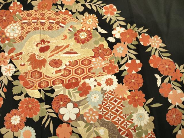 平和屋着物■豪華黒留袖　作家物　駒刺繍　草花文　金彩　正絹　逸品　DABG1758ya