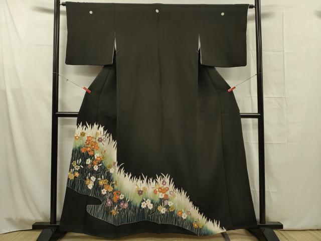 平和屋着物■豪華黒留袖　駒刺繍　草花文　金彩　正絹　逸品　DABG1762ya