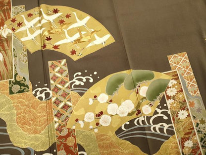 平和屋着物■豪華色留袖　駒刺繍　流水飛鶴花文　枝梅　金彩　正絹　逸品　DABG1801ya
