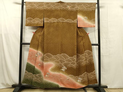 平和屋着物■訪問着　絞り　青海波　扇面草花文　暈し染め　金彩　正絹　逸品　DABG1824ya