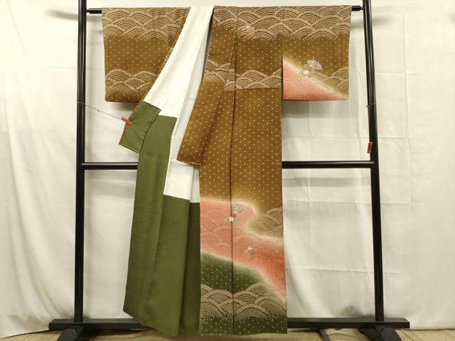 平和屋着物■訪問着　絞り　青海波　扇面草花文　暈し染め　金彩　正絹　逸品　DABG1824ya