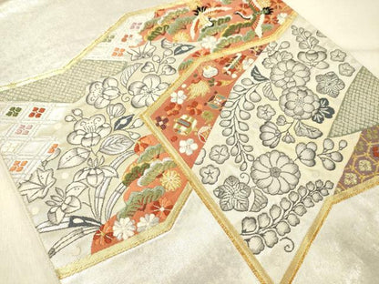 平和屋着物◎太鼓柄袋帯　唐織　ふくれ織　辻が花　飛鶴花松文　金銀糸　引箔　正絹　逸品　DABG1832ya