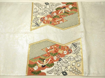 平和屋着物◎太鼓柄袋帯　唐織　ふくれ織　辻が花　飛鶴花松文　金銀糸　引箔　正絹　逸品　DABG1832ya
