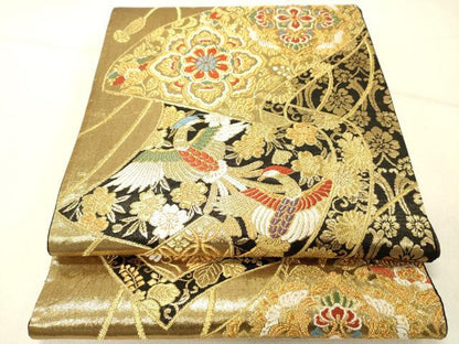 平和屋着物◎六通柄袋帯　唐織　絵巻鳳凰花文　黒地　金糸　正絹　逸品　DABG1835ya
