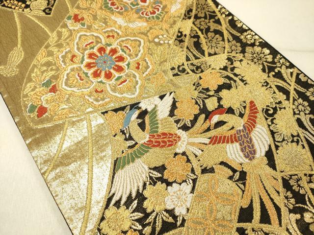 平和屋着物◎六通柄袋帯　唐織　絵巻鳳凰花文　黒地　金糸　正絹　逸品　DABG1835ya