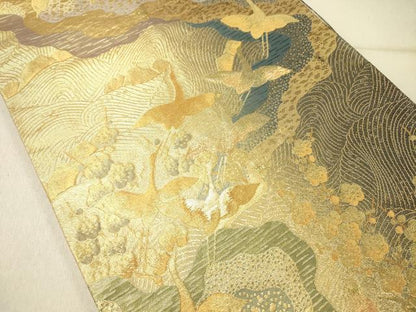 平和屋着物◎六通柄袋帯　飛鶴枝梅文　金糸　正絹　逸品　DABG1854ya