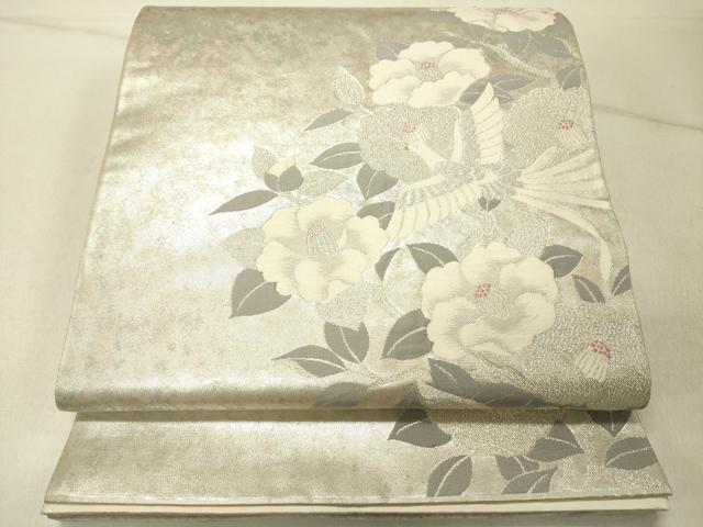 平和屋着物◎六通柄袋帯　鳳凰椿文　銀糸　引箔　正絹　逸品　DABG1869ya