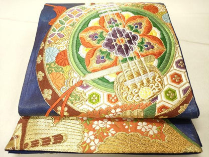 平和屋着物◎六通柄袋帯　唐織　楽器花文　金糸　正絹　逸品　DABG1874ya