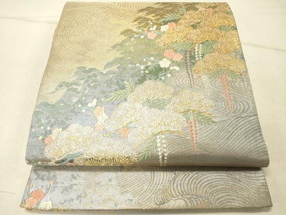 平和屋着物◎六通柄袋帯　唐織　風景花文　枝梅　金銀糸　正絹　逸品　DABG1881ya