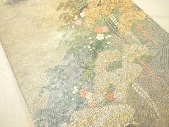 平和屋着物◎六通柄袋帯　唐織　風景花文　枝梅　金銀糸　正絹　逸品　DABG1881ya