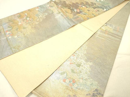 平和屋着物◎六通柄袋帯　唐織　風景花文　枝梅　金銀糸　正絹　逸品　DABG1881ya