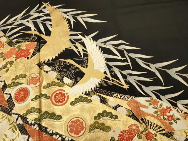 平和屋着物■豪華黒留袖　扇面飛鶴花松文　金彩　正絹　逸品　DABG1910ya