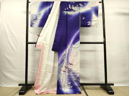 平和屋着物■訪問着　飛鶴　暈し染め　金銀彩　ロング丈　正絹　逸品　DABG1982ya