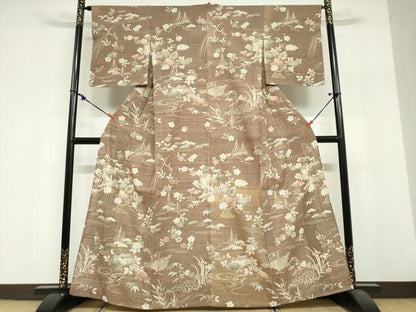 平和屋着物▽染織の名門　しょうざん  生紬　訪問着　単衣　風景草花文　正絹　逸品　未使用　DABG2002ud