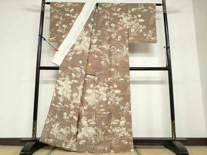 平和屋着物▽染織の名門　しょうざん  生紬　訪問着　単衣　風景草花文　正絹　逸品　未使用　DABG2002ud