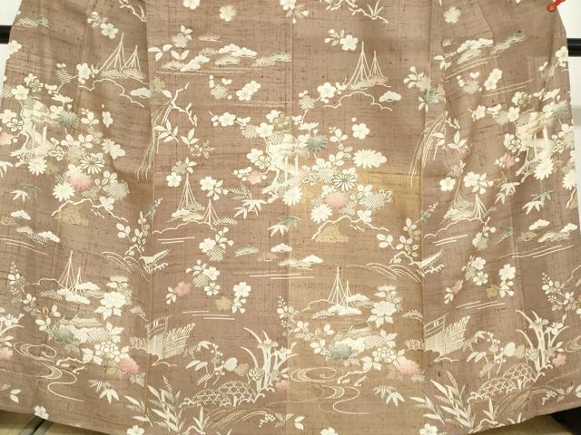 平和屋着物▽染織の名門　しょうざん  生紬　訪問着　単衣　風景草花文　正絹　逸品　未使用　DABG2002ud