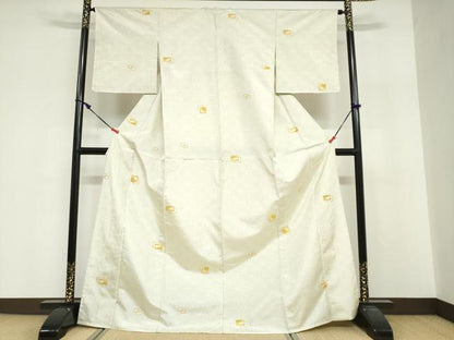 平和屋着物▽上質な紬　単衣　変わり格子文　正絹　逸品　未使用　DABG2007ud
