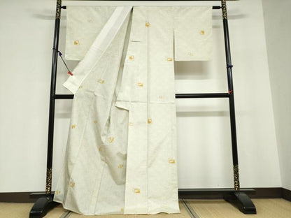 平和屋着物▽上質な紬　単衣　変わり格子文　正絹　逸品　未使用　DABG2007ud