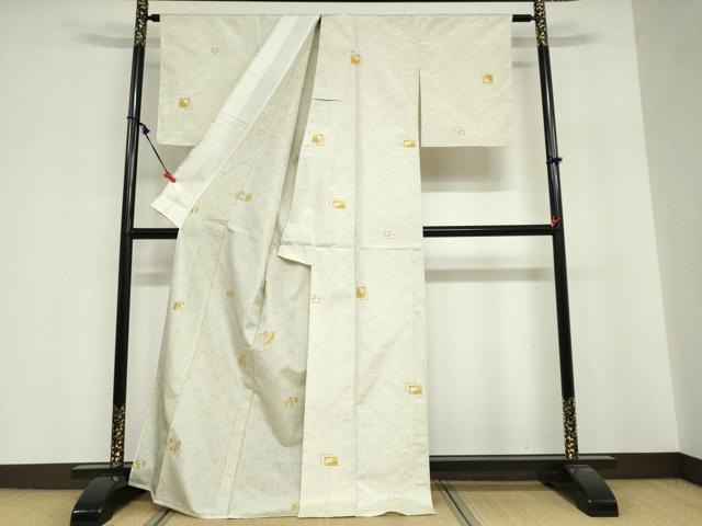 平和屋着物▽上質な紬　単衣　変わり格子文　正絹　逸品　未使用　DABG2007ud