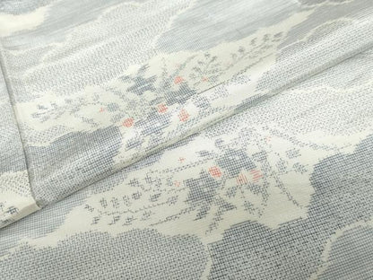 平和屋着物▽上質な紬　単衣　雲取草花文　正絹　逸品　DABG2009ud